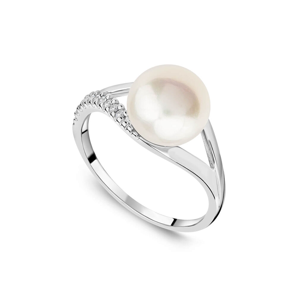 9ct White Gold Freshwater Pearl Cubic Zirconia Set Split Shoulders Ring image number 0