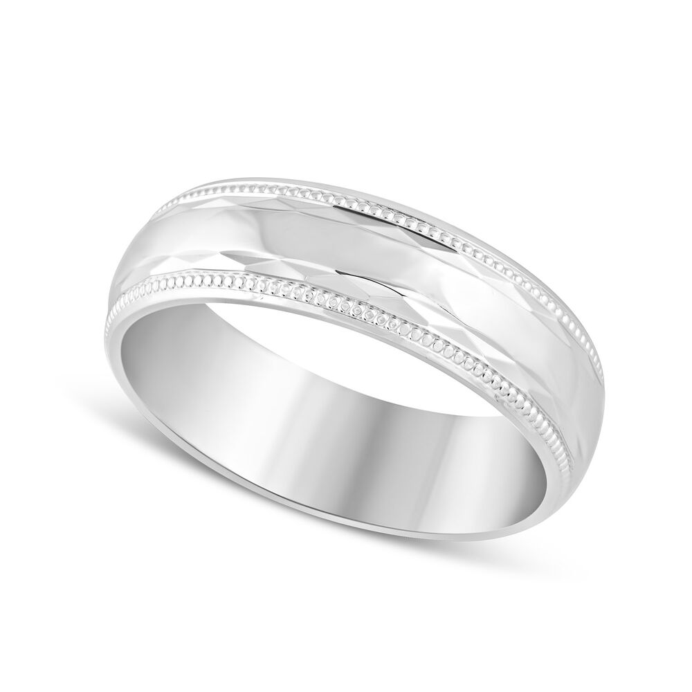 9ct White Gold Polished and diamond-cut with beaded edge 6mm Gents Wedding ring image number 0