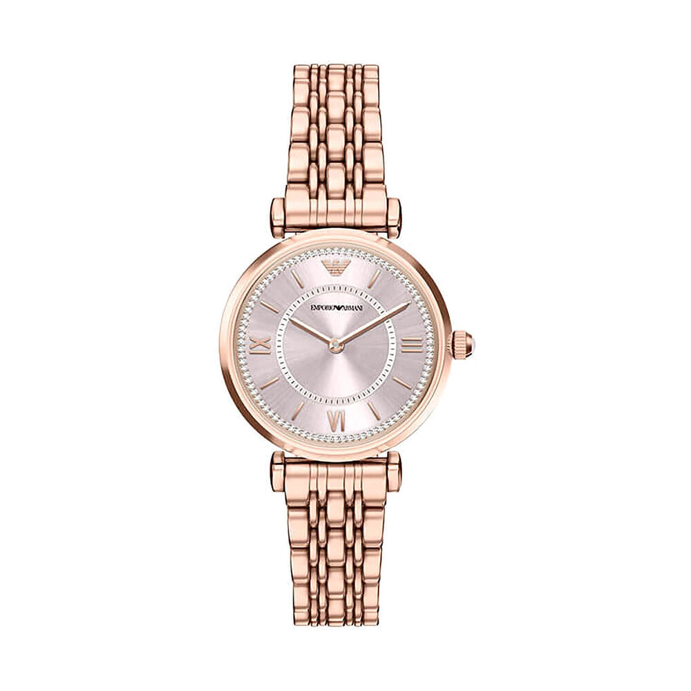 Emporio Armani Gianni T-Bar 32mm Pink Dial Rose Gold Tone Stainless Steel Bracelet Watch