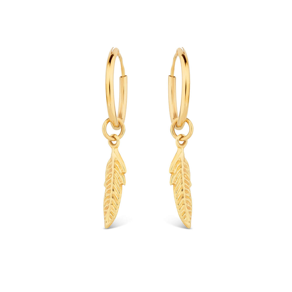 9ct Yellow Gold Feather Motif Small Hoop Earrings image number 0
