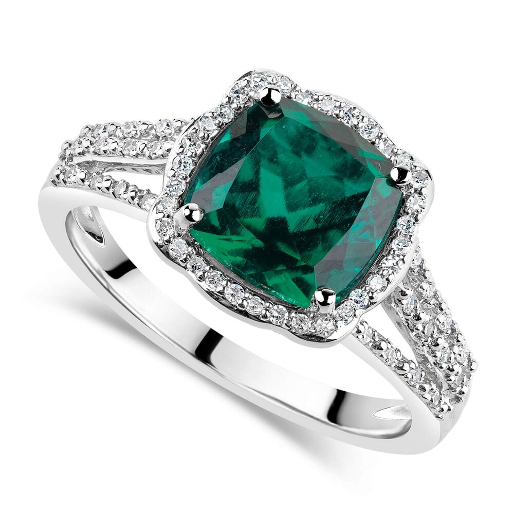 9ct White Gold 0.15ct Diamond and Created Emerald Cushion Halo Ring image number 0
