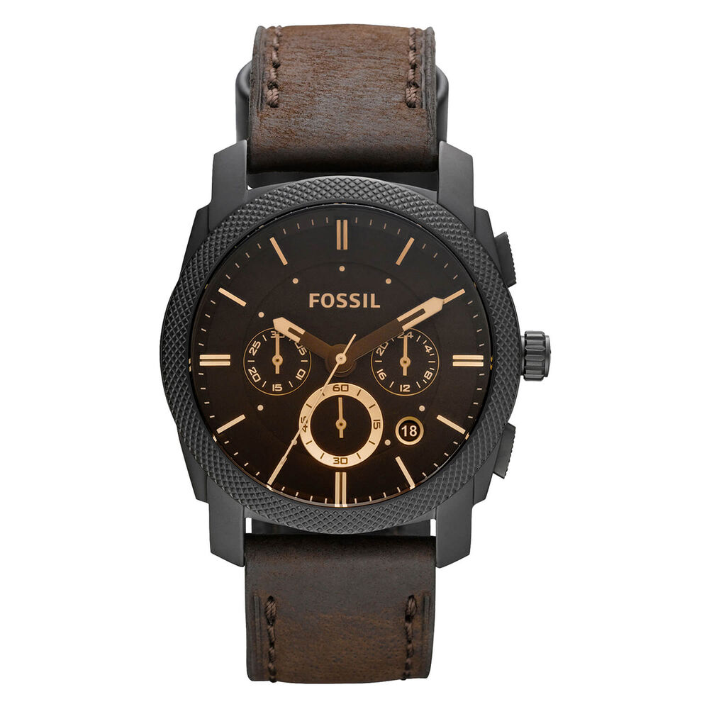 Fossil Machine 42mm Black Chronograph Dial Black PVD & Steel Case Brown Leather Strap Watch image number 0