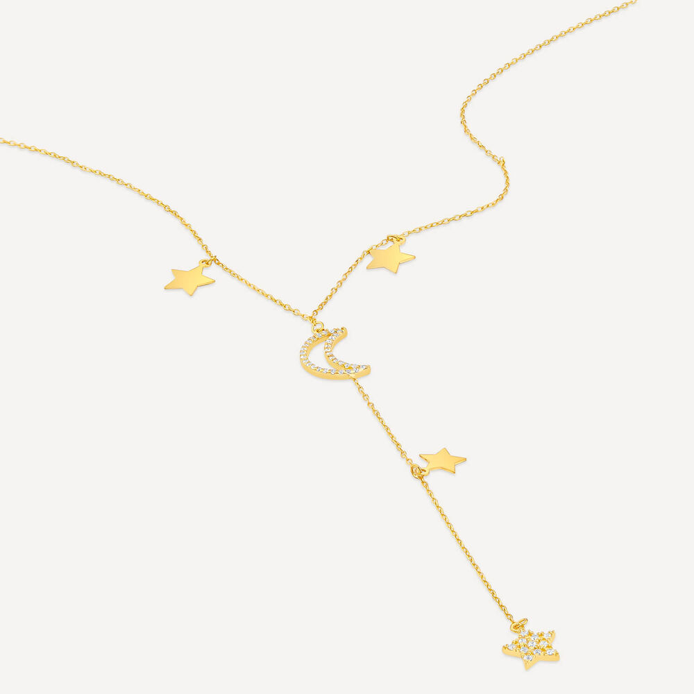 9ct Yellow Gold Moon & Stars Polished & Cubic Zirconia Y-Shaped Drop Necklet image number 3