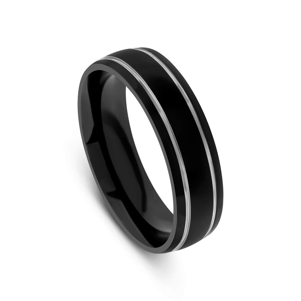 Black Titanium Silver Coloured Double Line Mens Ring