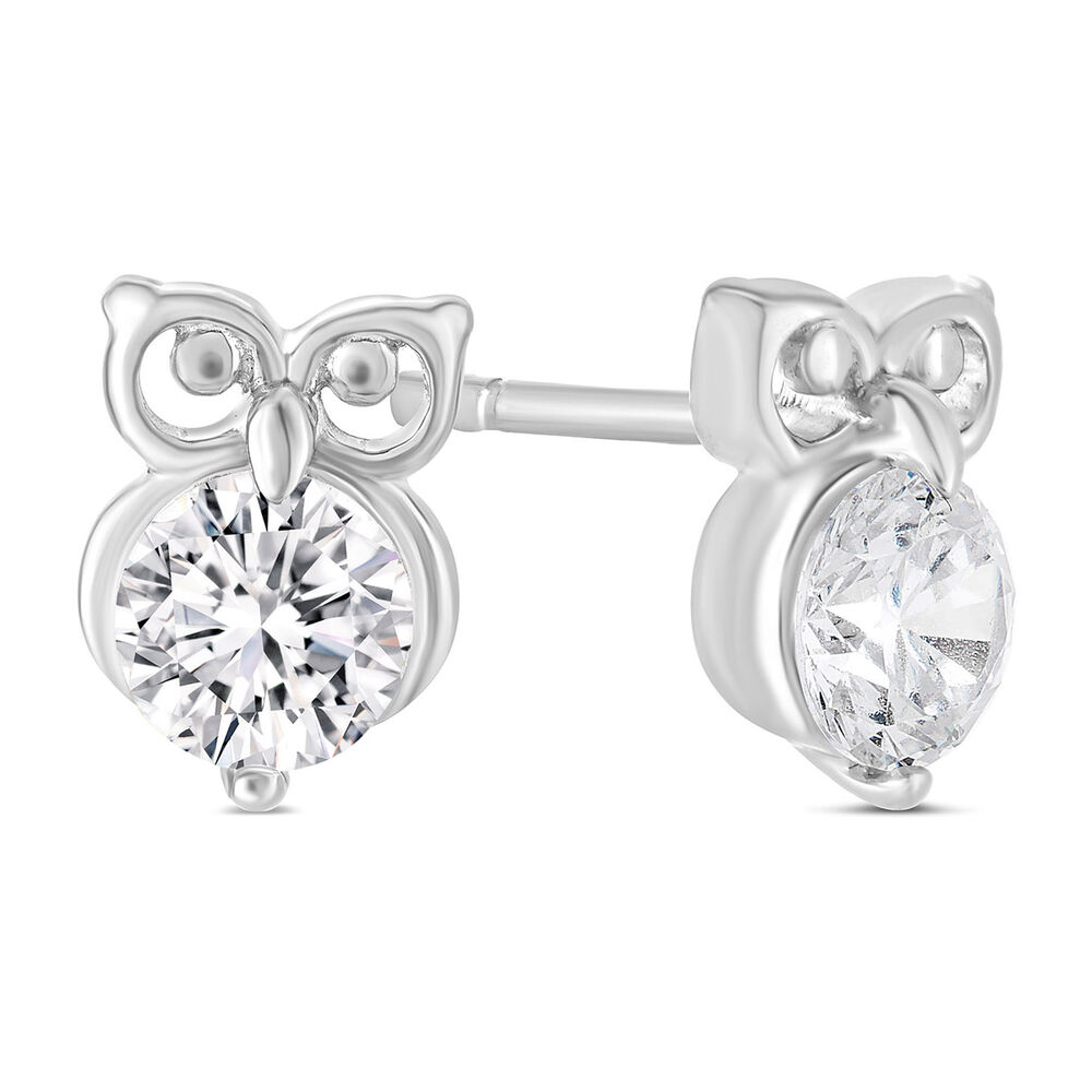 Little Treasure Sterling Silver Cubic Zirconia Owl Stud Earrings image number 2