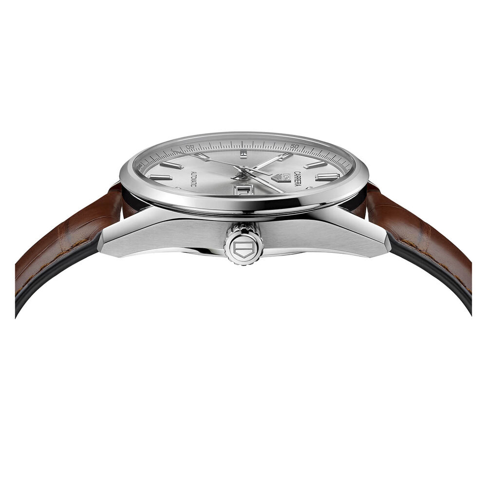 TAG Heuer Carrera 41mm Day & Date Silver Dial Steel Case Brown Strap Watch image number 3