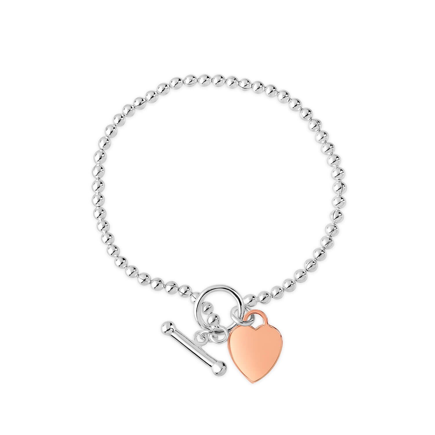 Sterling Silver Rose Gold Plated Heart T Bar Bracelet