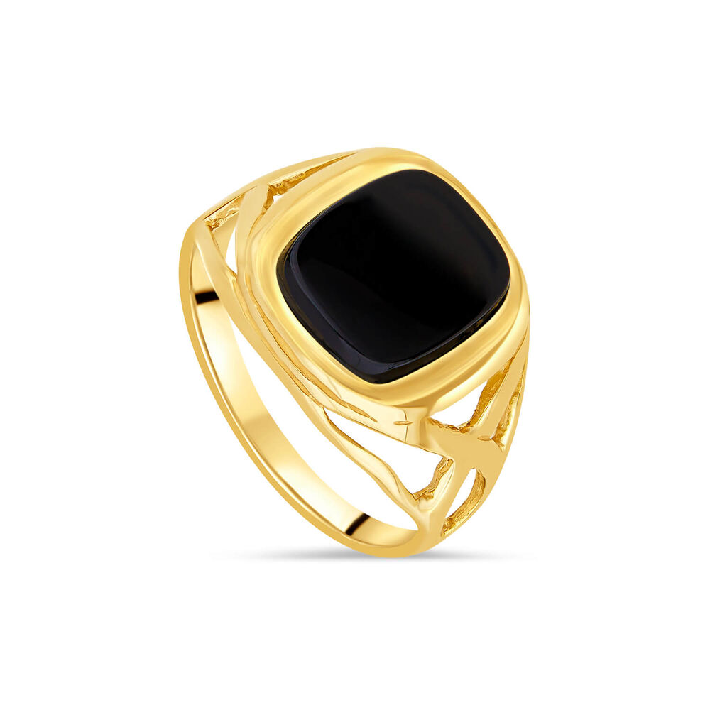 9ct Yellow Gold Men's Onyx Cushion Celtic Sides Signet Ring image number 0