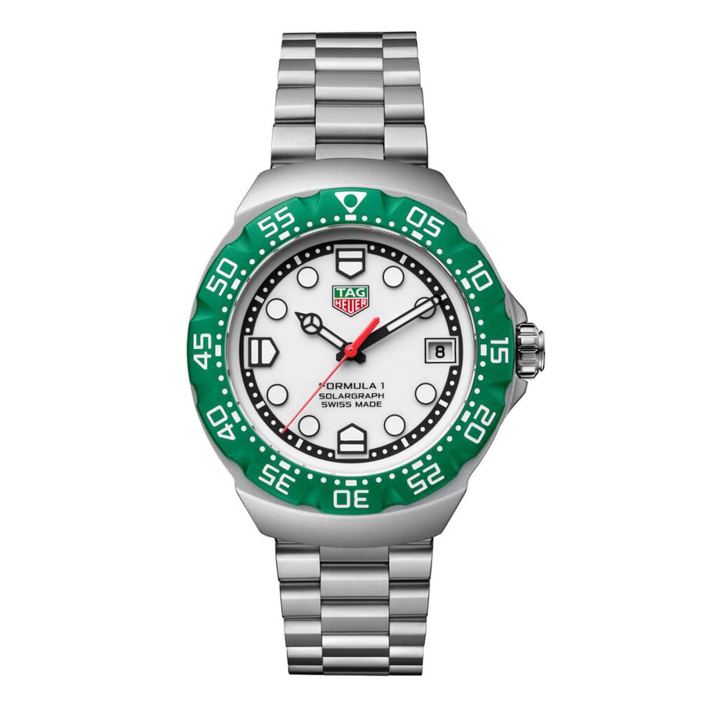 TAG Heuer Formula 1 Solargraph 38mm White Dial Green Bezel Steel Bracelet Watch