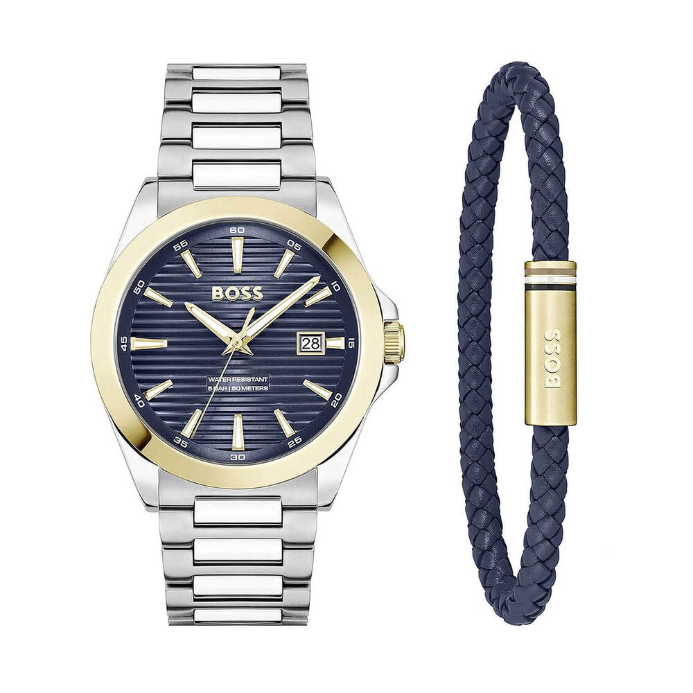 BOSS Strike 41mm Blue Dial Steel Bracelet Watch & Blue Leather Bracelet Gift Set image number 0