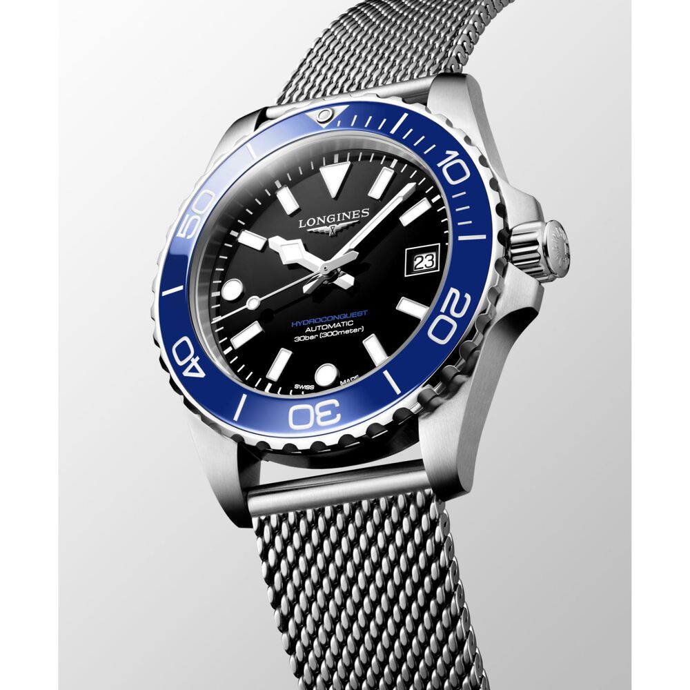 Longines HydroConquest 39mm Black Dial Blue Bezel Steel Mesh Bracelet Watch