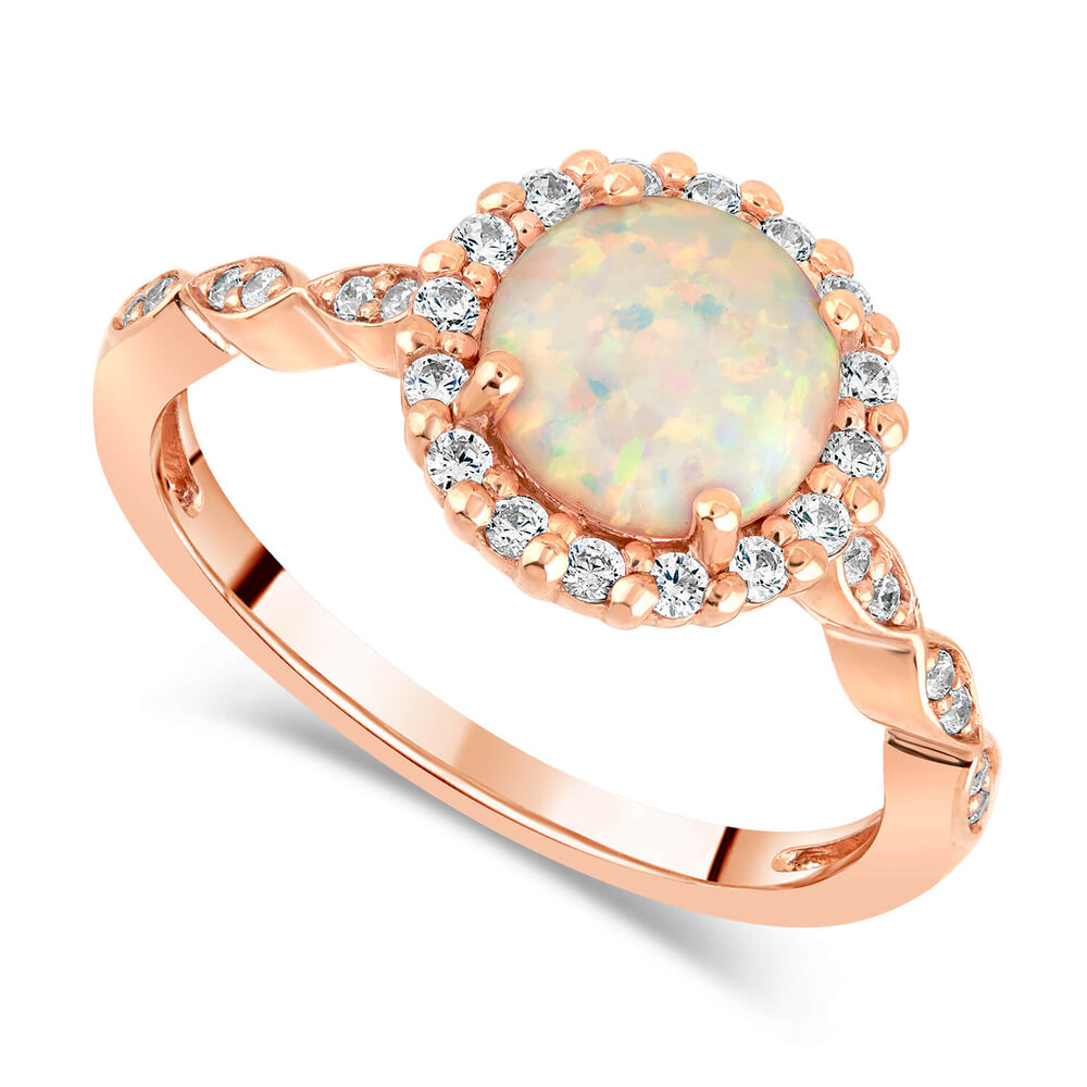 9ct Rose Gold Created Opal Cubic Zirconia Halo & Fancy Sides Ring image number 0
