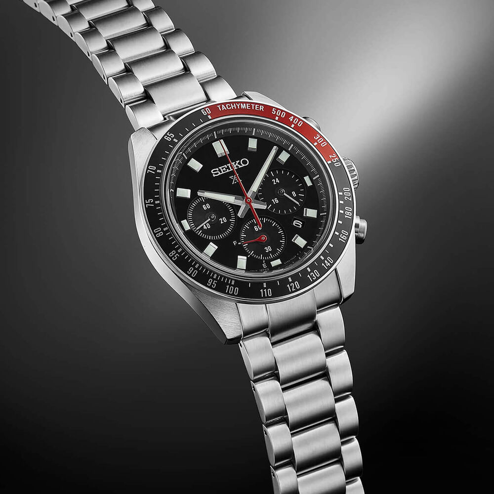 Seiko Prospex Speedtimer 41.4mm Solar Chronograph Black & Red Bezel Steel Bracelet Watch image number 2