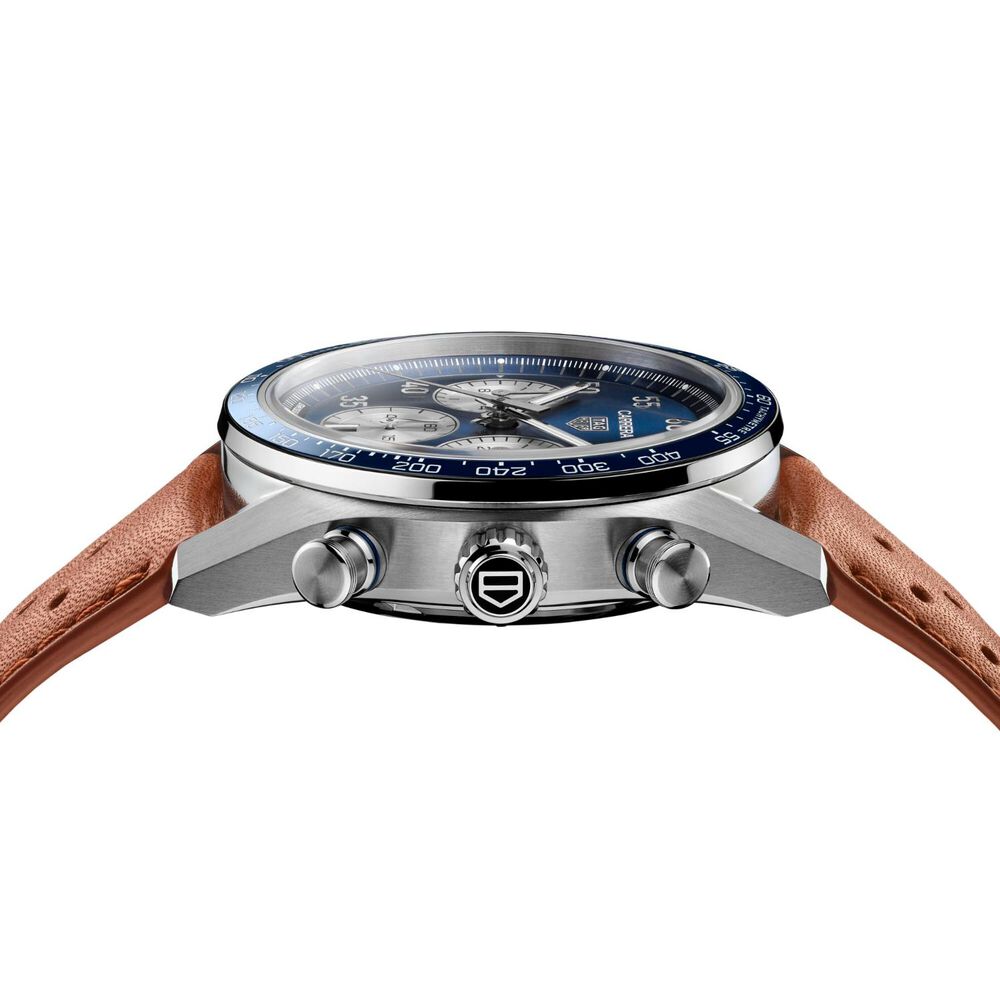 TAG Heuer Carrera Chronograph Sport 42mm Blue Dial Brown Leather Strap Watch