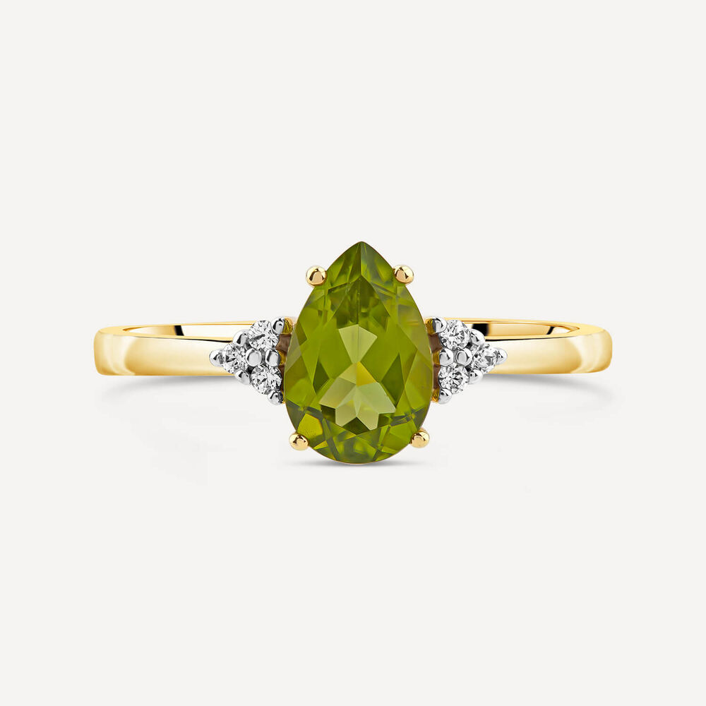9ct Yellow Gold Pear Peridot & Trefoil 0.05ct Diamond Ring