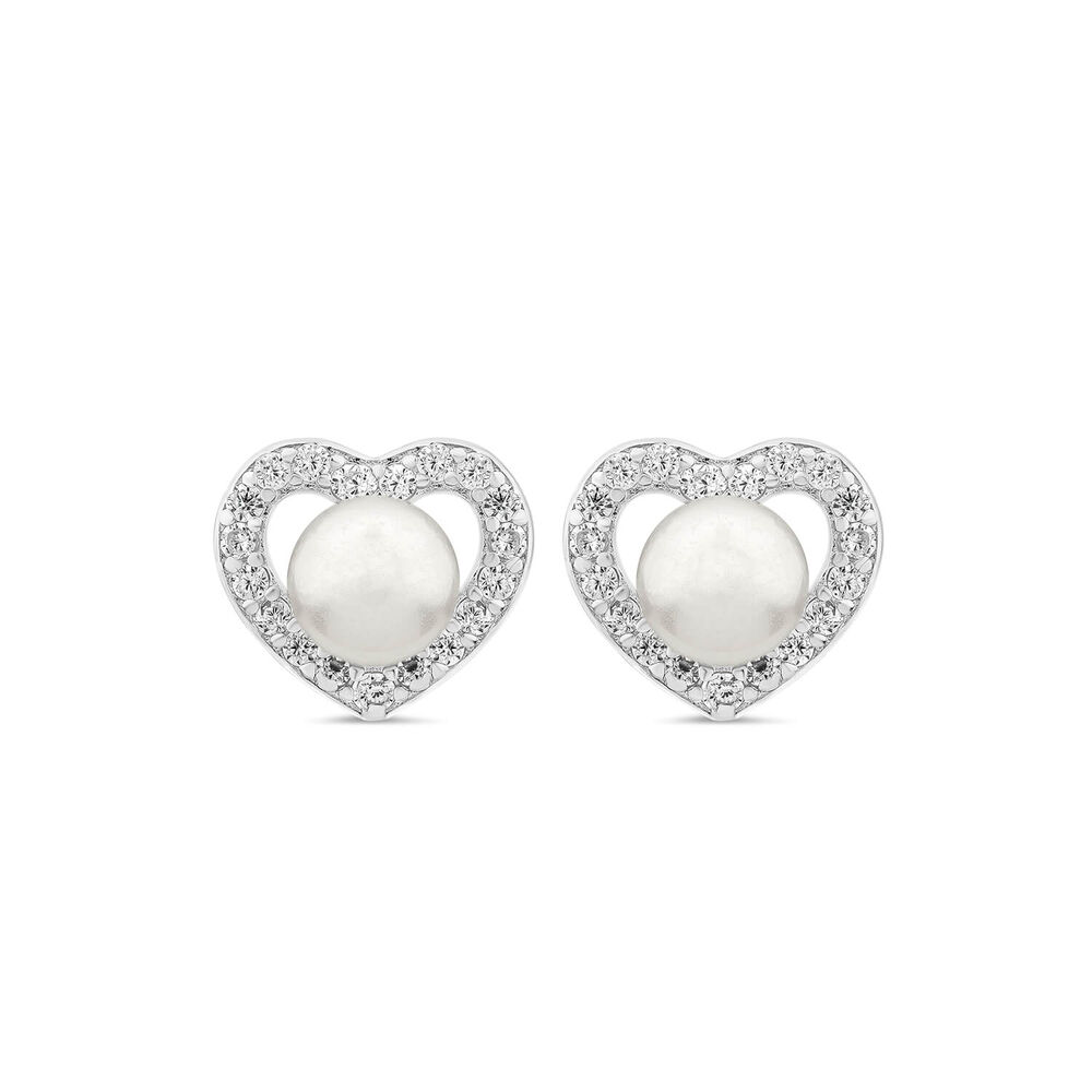 Sterling Silver 4.5-5mm Freshwater Pearl & Cubic Zirconia Heart Shaped Stud Earrings image number 0