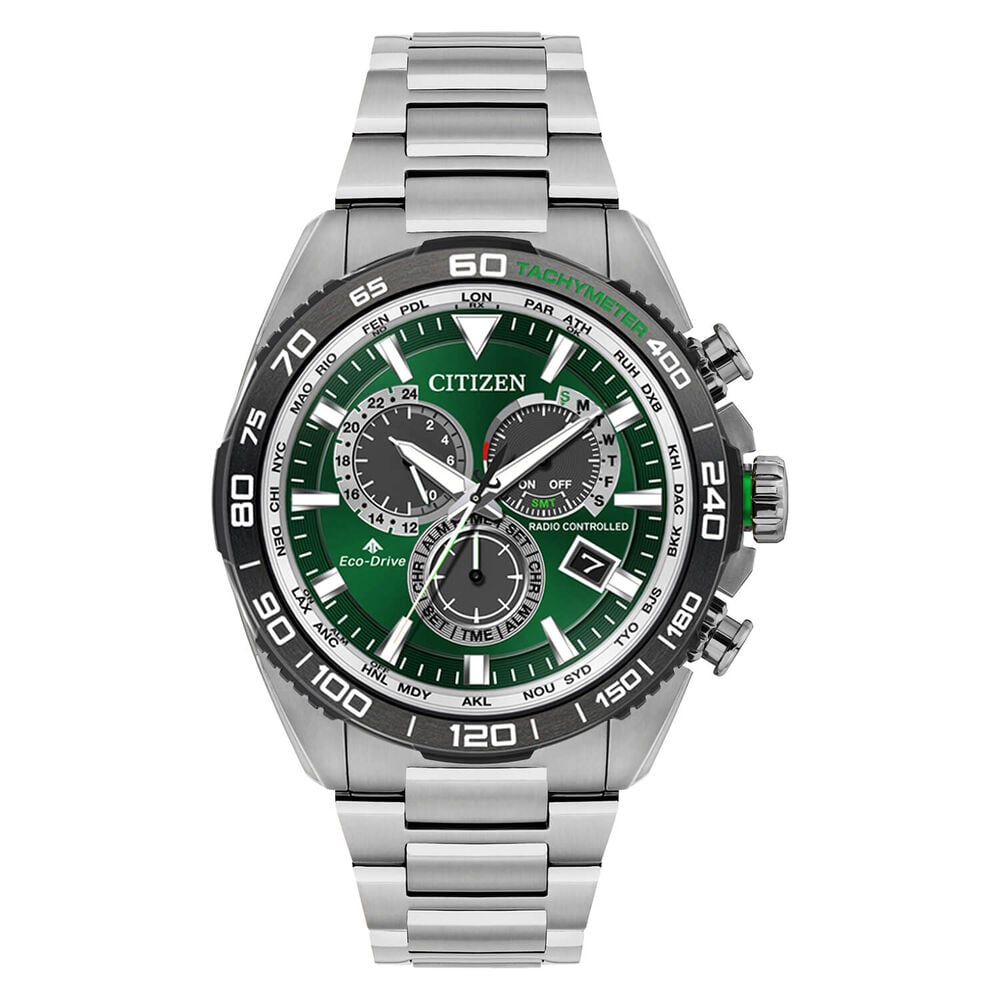 Citizen Promaster Land Chrono 43mm Green Dial Steel Case Bracelet Watch image number 0