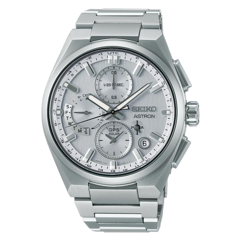 Seiko Astron GPS Solar 5X Dual-Time Chronograph 42mm Silvery White Dial Titanium Bracelet Watch image number 0