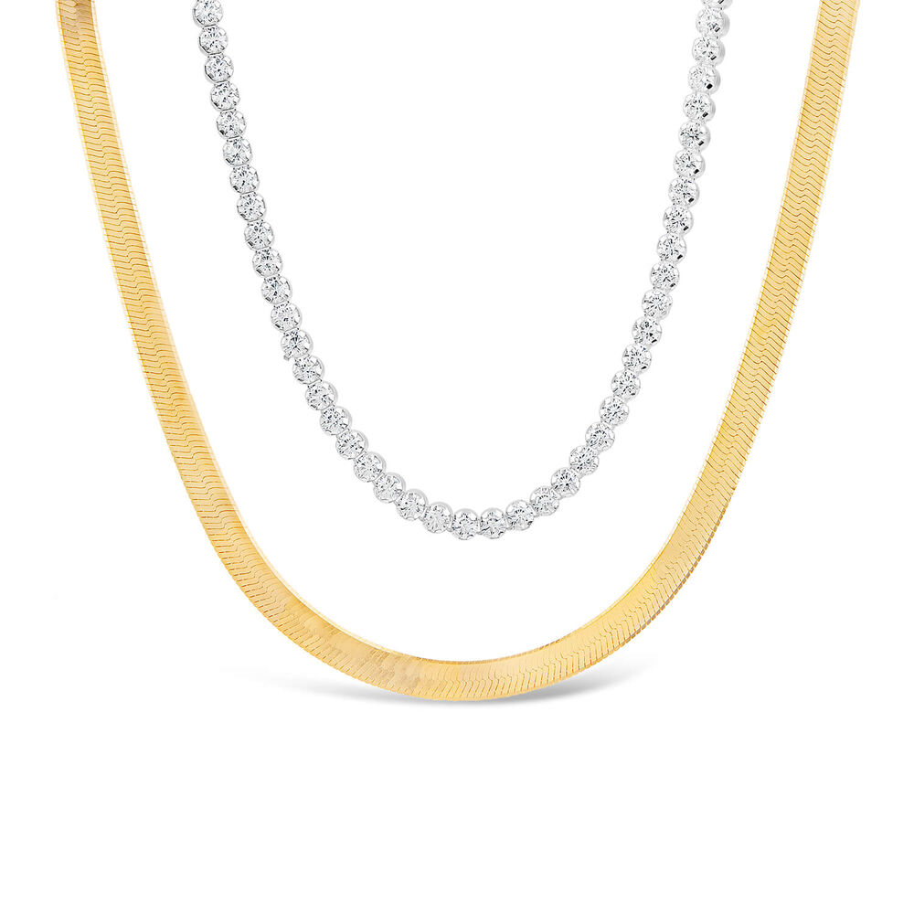 Sterling Silver & Yellow Gold Plated Double Herringbone Cubic Zirconia Tennis Necklet image number 0