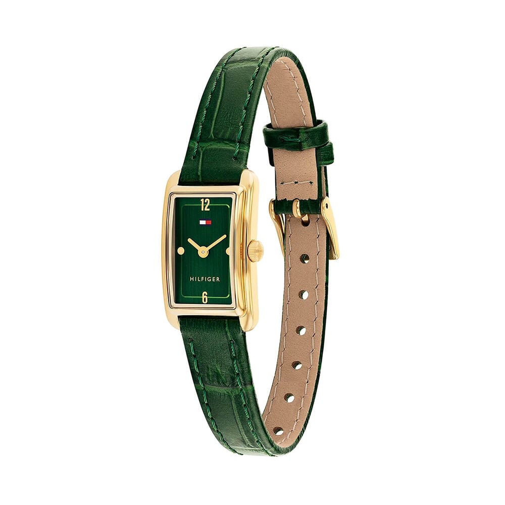 Tommy Hilfiger Maddison 16 x 22mm Green Dial Yellow Gold Plated Case Green Leather Strap Watch