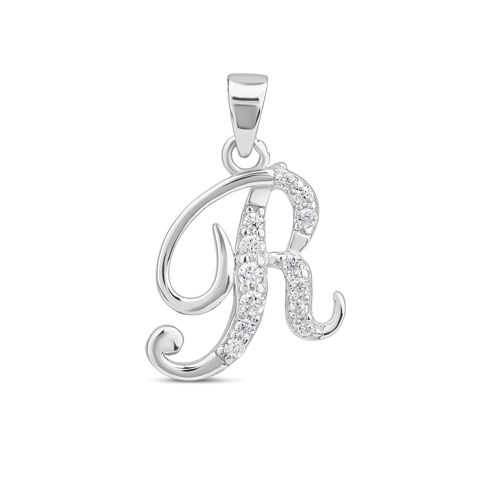 Sterling Silver Script Cubic Zirconia Set Initial R Pendant image number 0