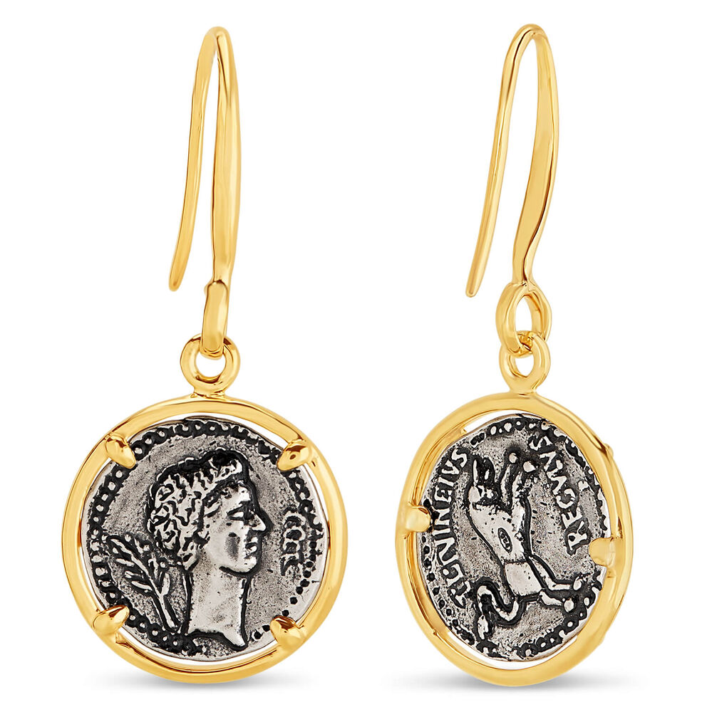 Sterling Silver and Yellow Gold Plated Vintage Coin Ladies Drop Earrings image number 2