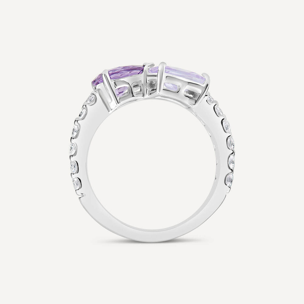 Sterling Silver Pear & Emerald Cut Purple & Lavender Cubic Zirconia Toi Et Moi Shoulders Ring image number 3