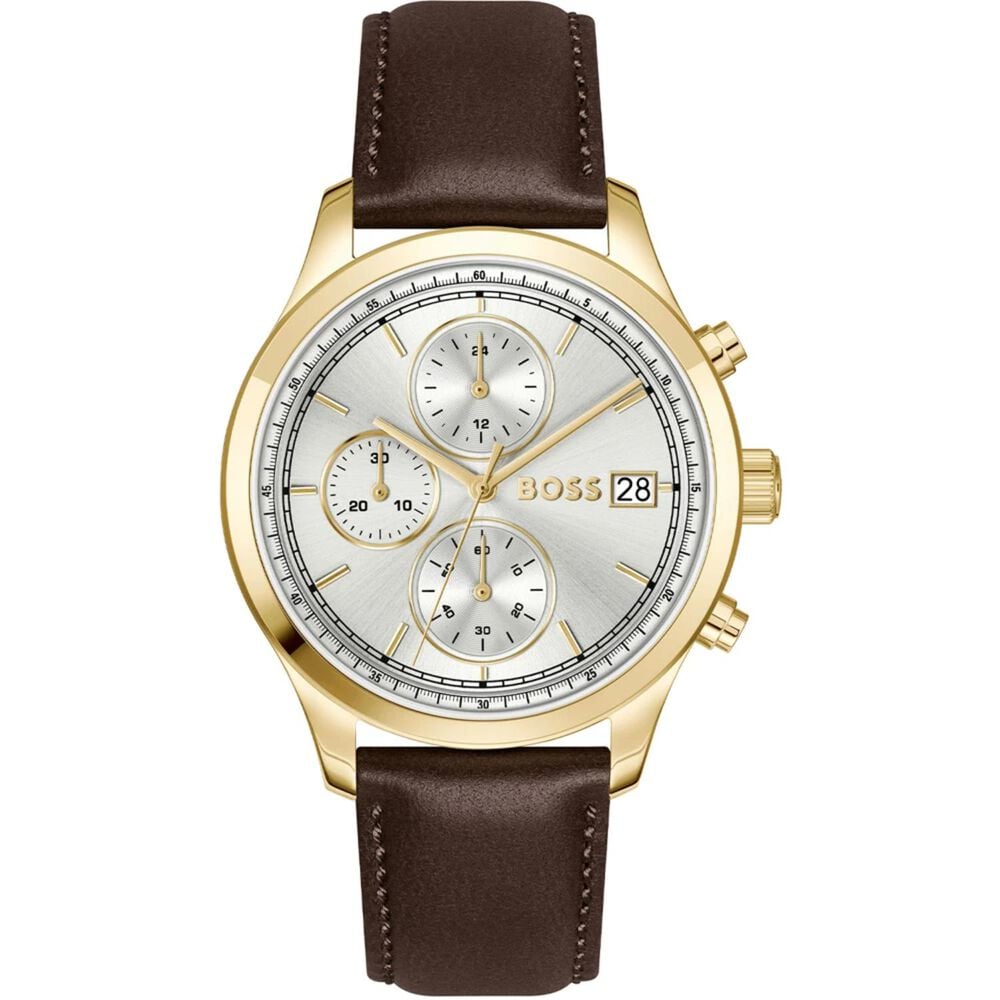 BOSS Stratus 41mm Silver Dial Brown Leather Strap Chronograph Watch image number 0