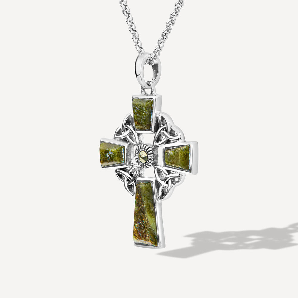 Silver Connemara Marble Marcasite Trinity Knot Cross Pendant image number 1