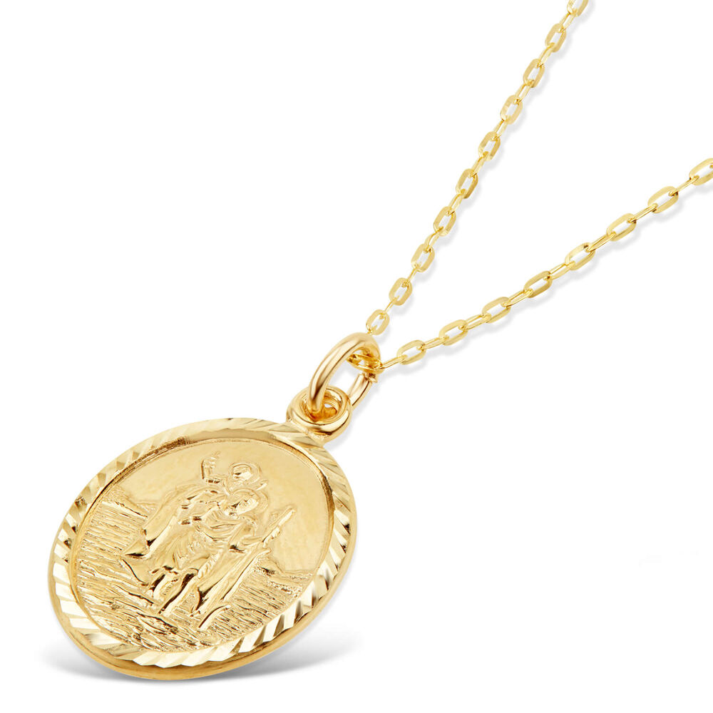 9ct Yellow Gold Oval Diamond Cut St Christopher's Medal Pendant (Chain Included) image number 1