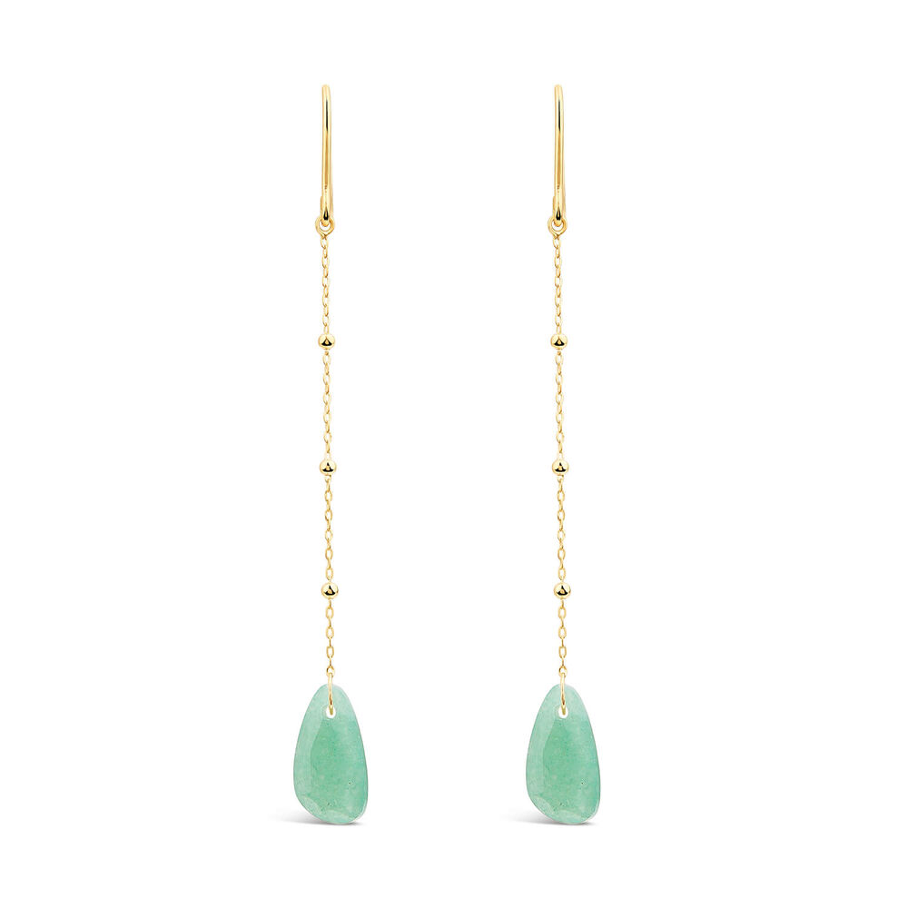 9ct Yellow Gold Bead Chain Aventurine Verde Green Pebble Drop Earrings image number 0