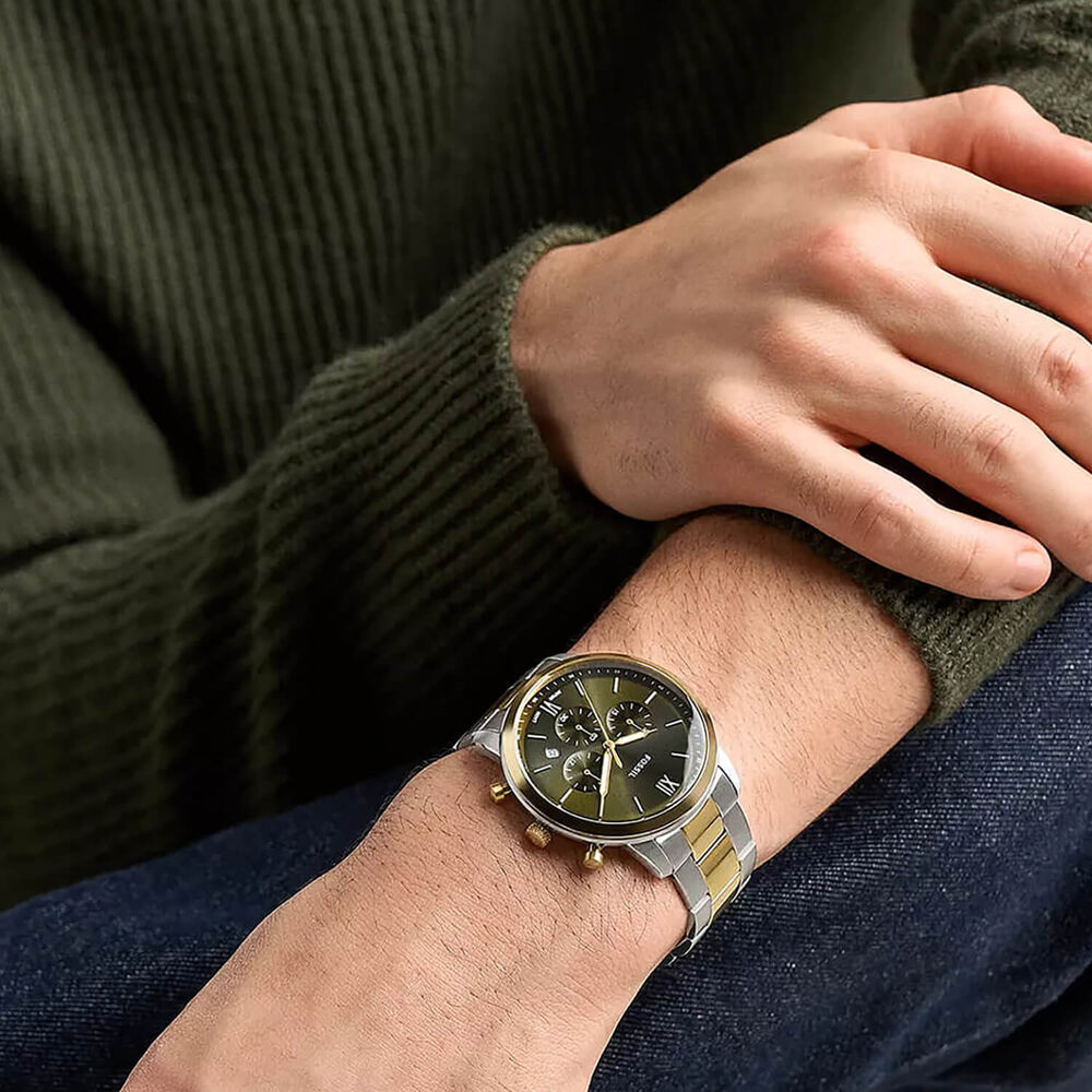 Fossil Neutra 44mm Olive Green Dial Two Tone Steel Bracelet Watch