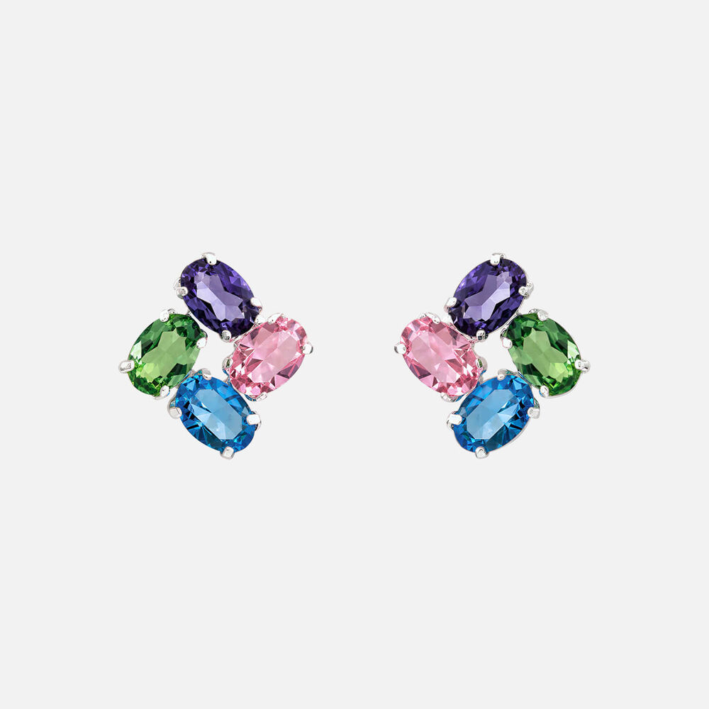 Sterling Silver 4 Multi Colour Oval Cubic Zirconia Stud Earrings