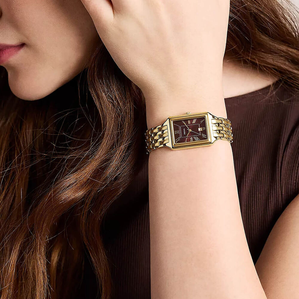 Fossil Raquel 23mm Red Dial Gold Tone Steel Bracelet Watch