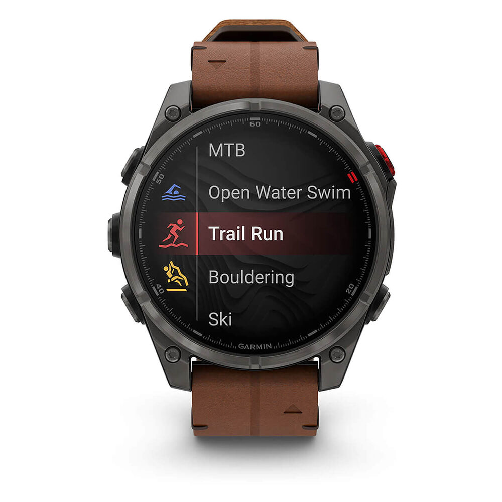Garmin fenix 8 Pro AMOLED 47mm Carbon Grey DLC Titanium Case Brown Leather Strap Watch