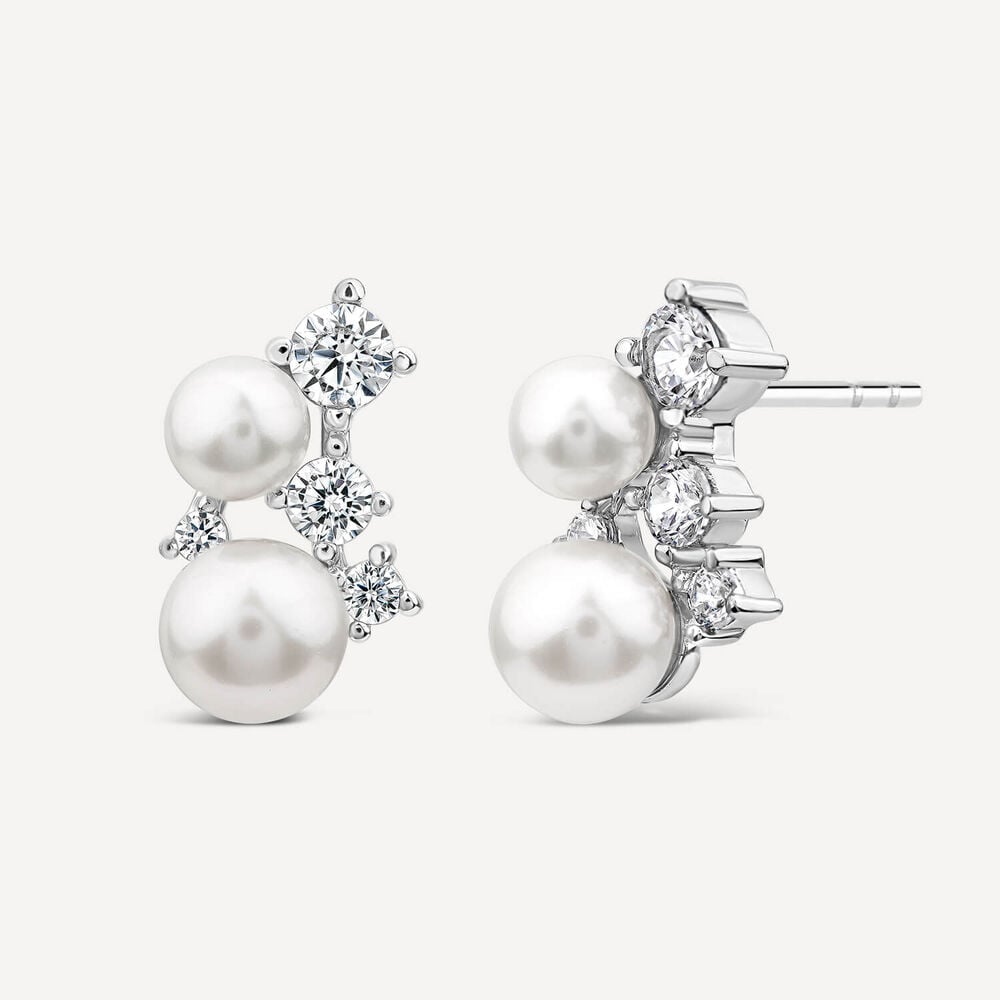 Sterling Silver Pearl & Cubic Zirconia Climber Cluster Earrings image number 1