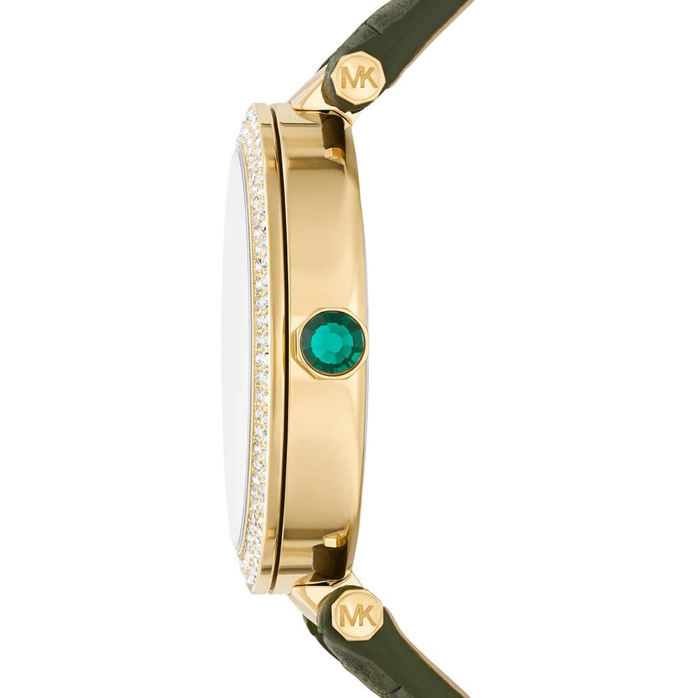 Michael Kors Parker 39mm Green Dial Yellow Gold IP Case Green Leather Strap Watch image number 1