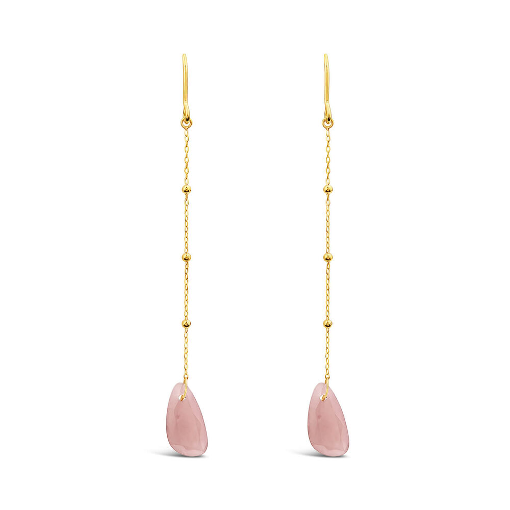 9ct Yellow Gold Bead Chain Peach Chalcedony Pebble Drop Earrings image number 0