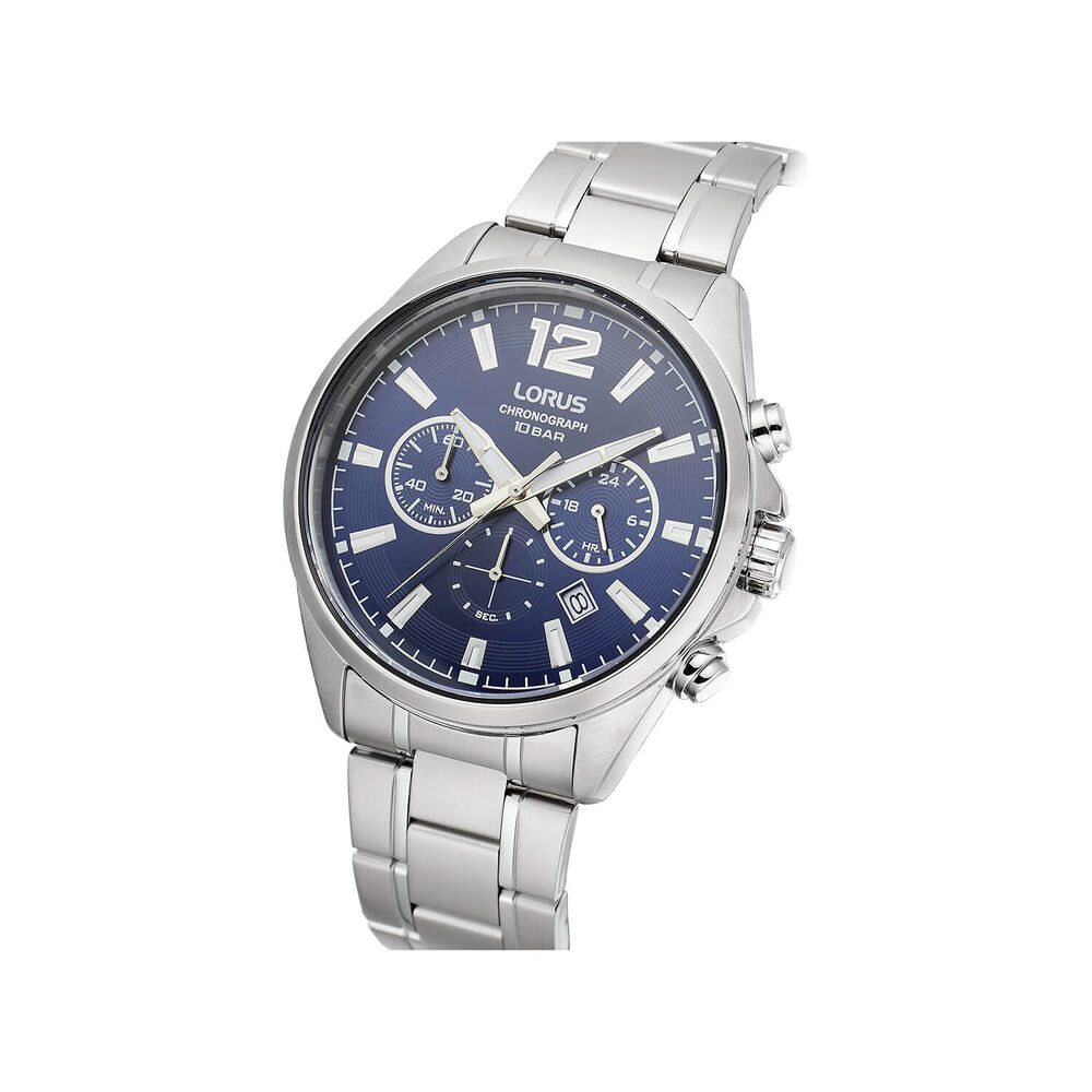 Lorus Quartz Chronograph 43mm Dark Blue Sunray Dial Steel Bracelet Watch image number 1