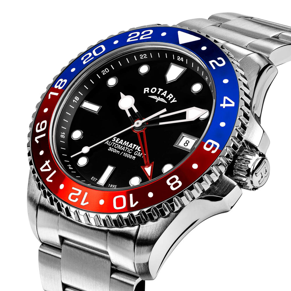 Rotary Seamatic GMT 300M 42mm Black Dial Stainless Steel Bracelet Watch