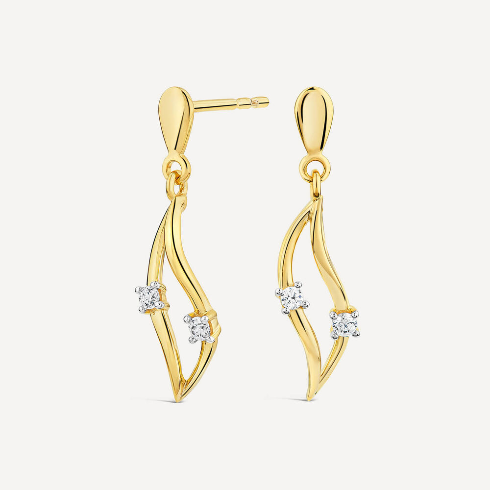9ct Yellow Gold 2 Cubic Zirconia Set Open Wave Drop Earrings