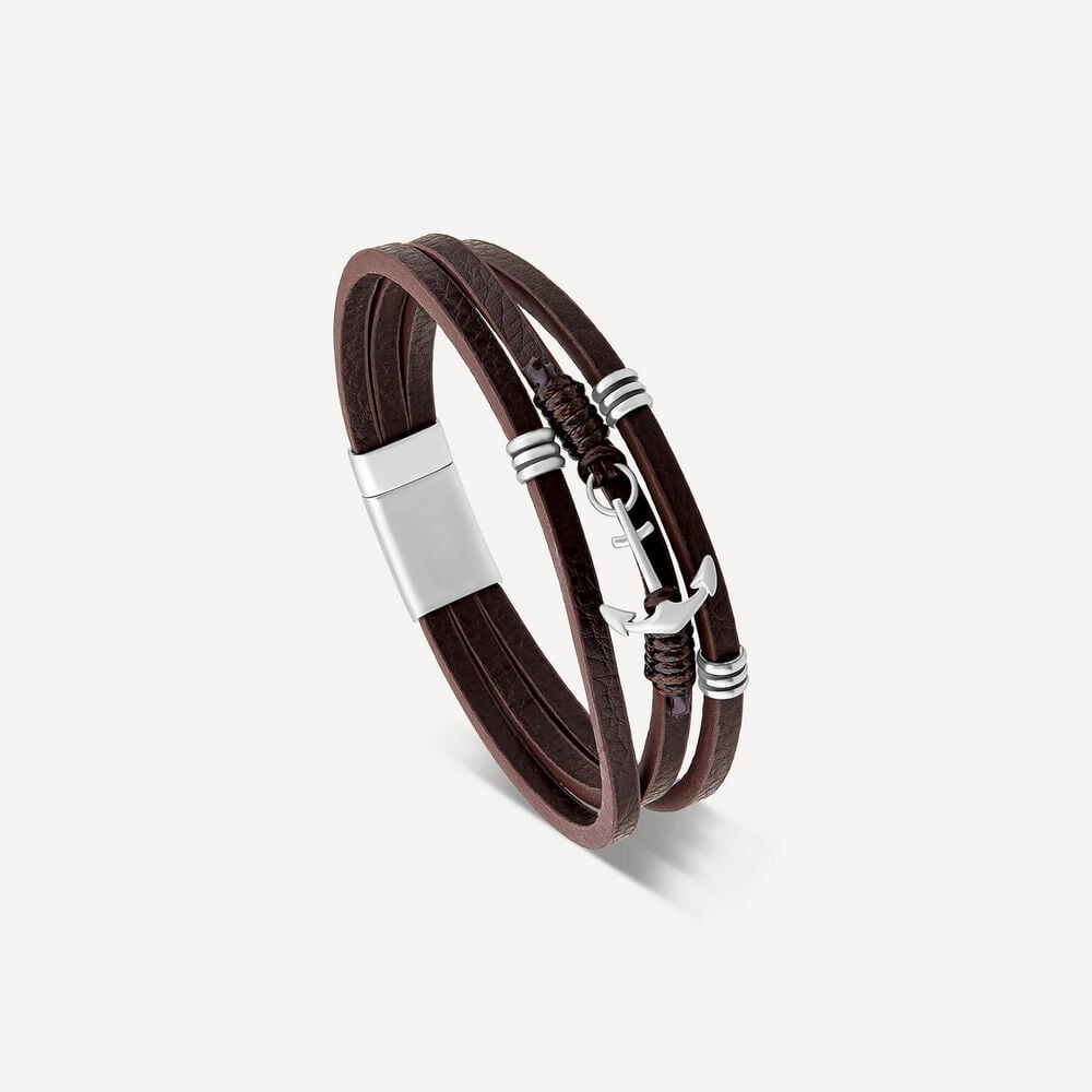 Men's Steel & Brown Leather Triple Wrap Anchor Bracelet image number 2
