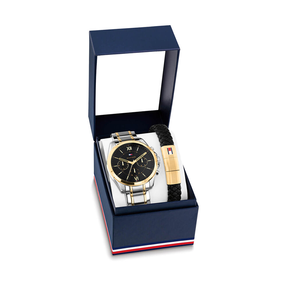 Tommy Hilfiger 42mm Black Dial Two Tone Steel Bracelet Watch & Leather Bracelet Set