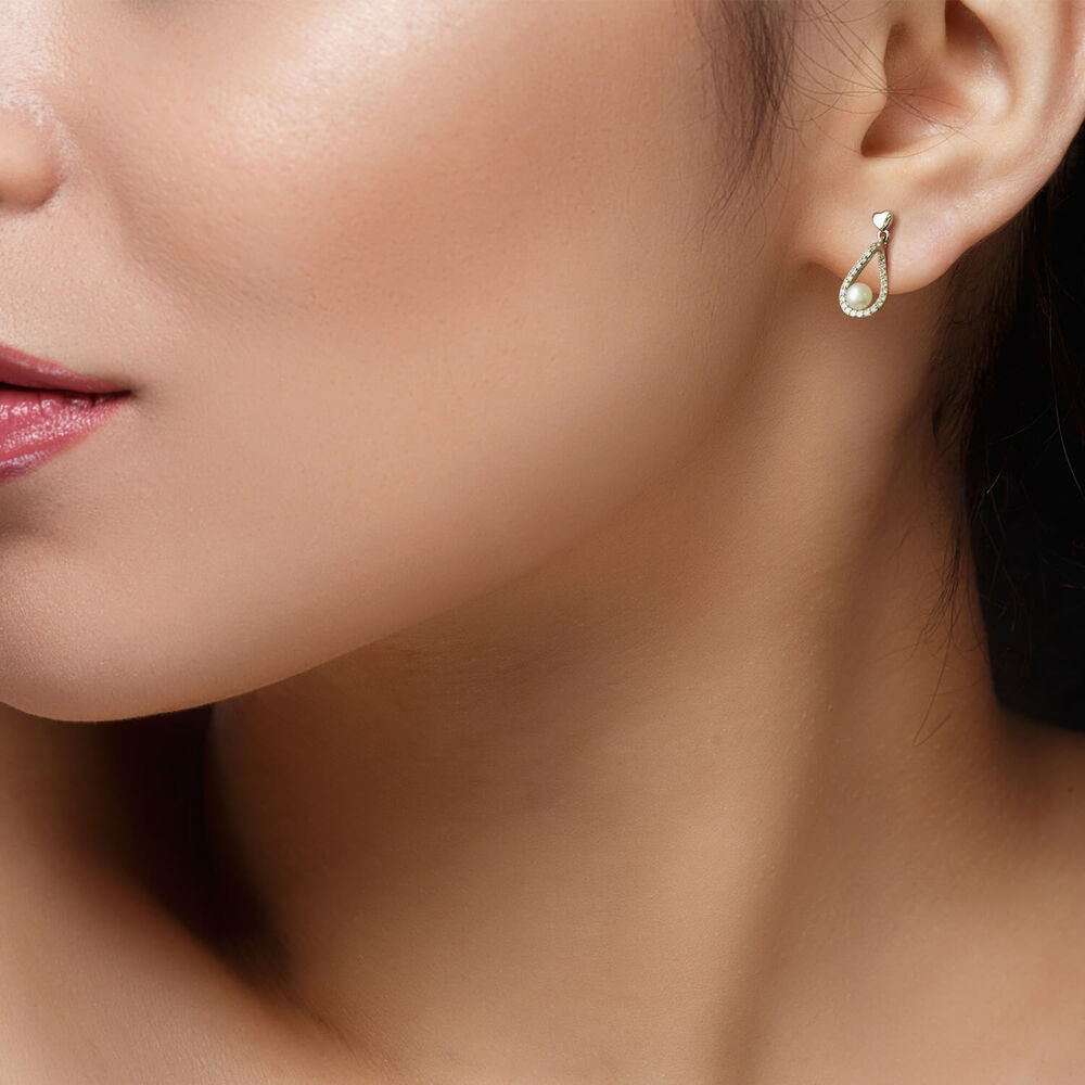 Sterling Silver 4.5-5mm Freshwater Pearl & Cubic Zirconia Open Tear Shaped Drop Earrings image number 2