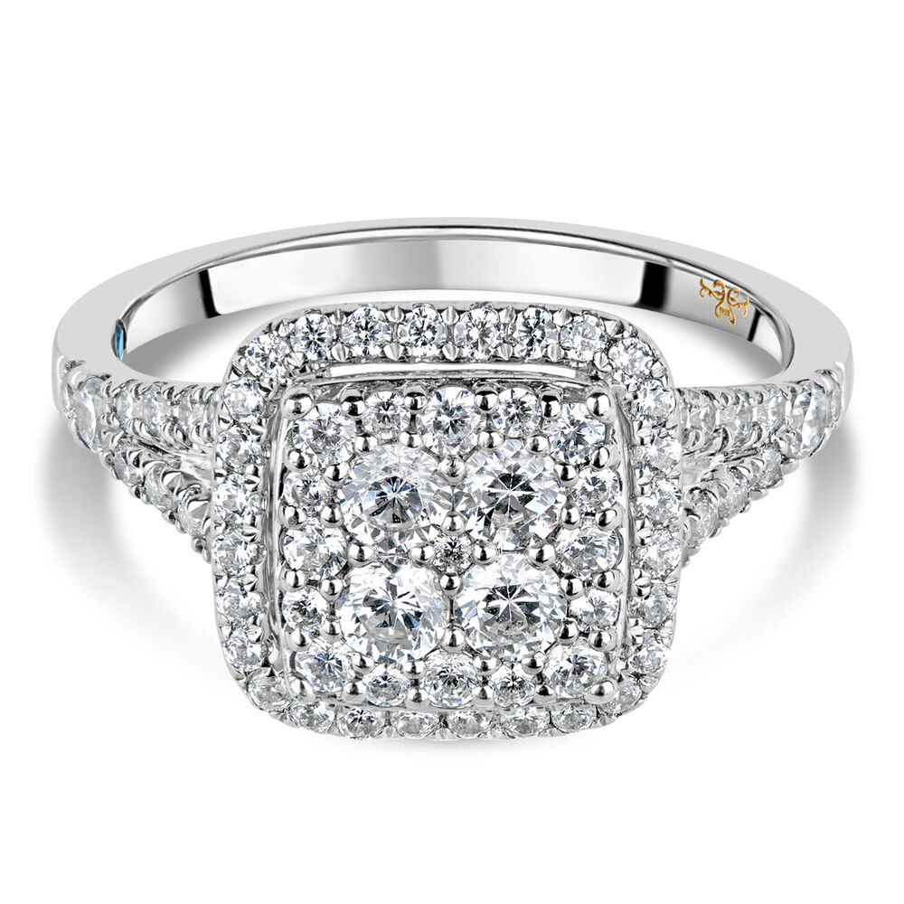 Kathy De Stafford 18ct White Gold 'Anastasia' Diamond Square Cluster Halo Shoulders 1ct Ring image number 4