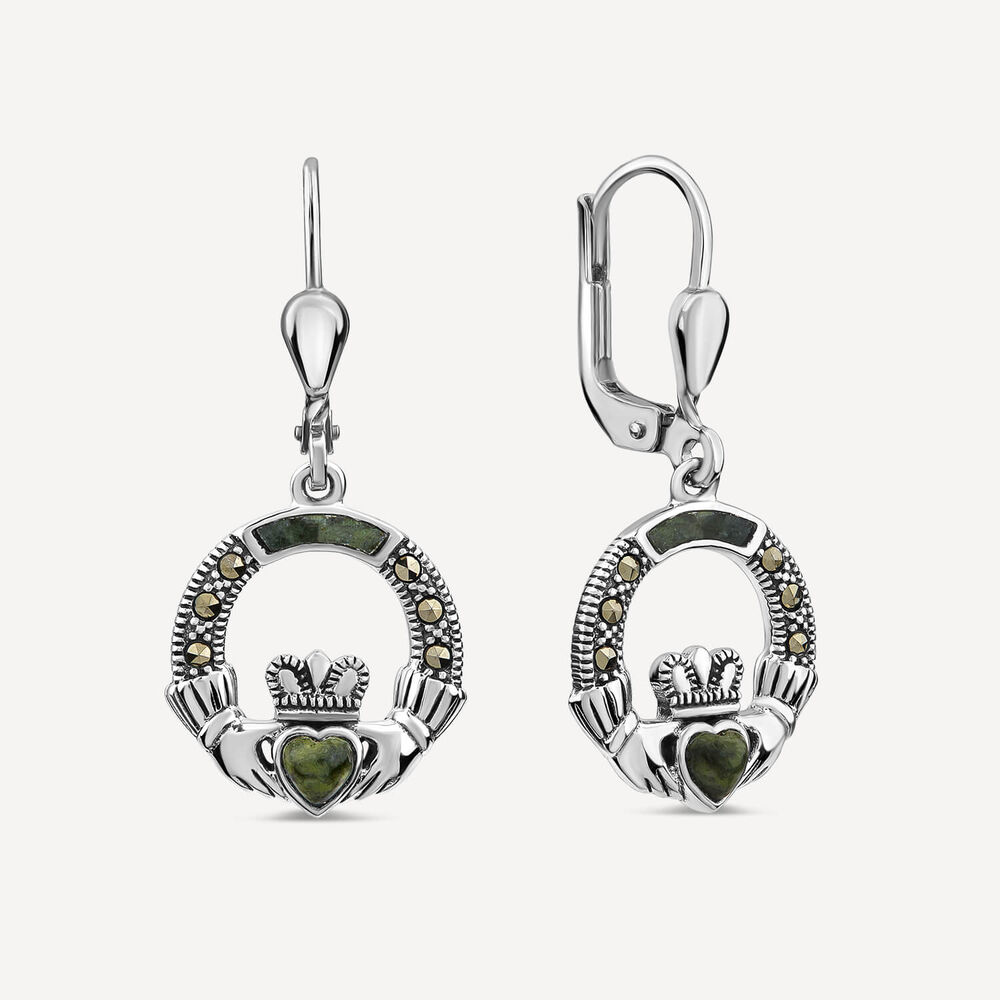 Sterling Silver Marcasite & Marble Claddagh Drop Earrings
