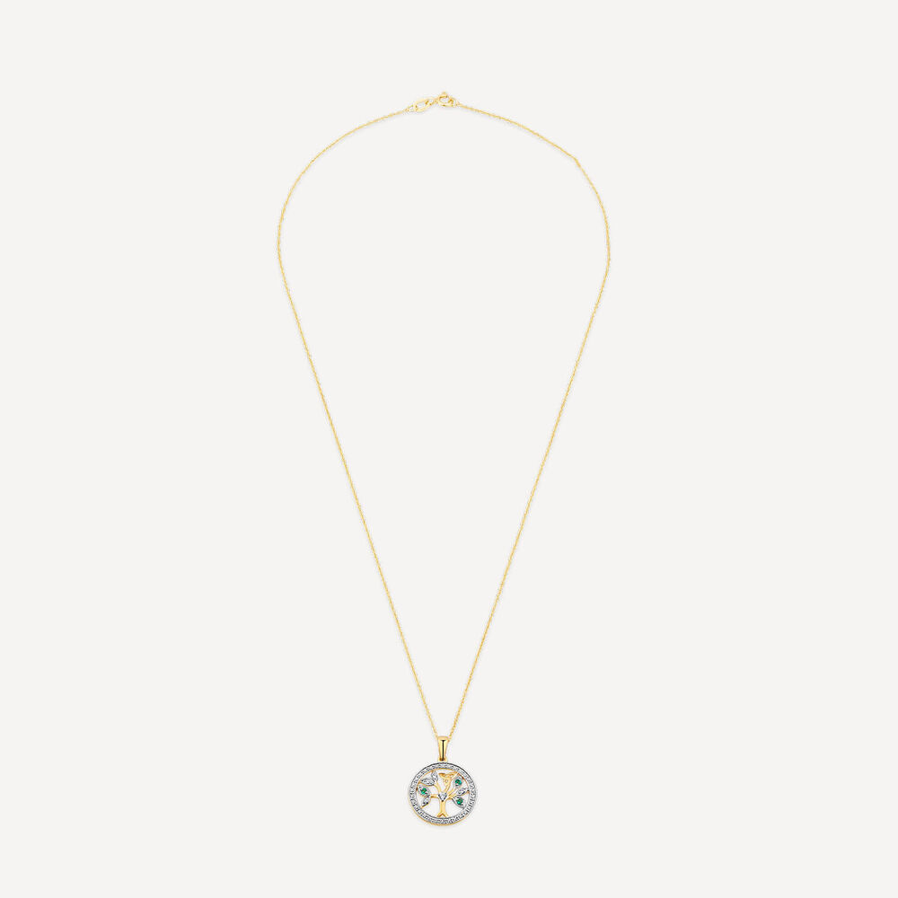14ct Yellow Gold Diamond & Emerald Tree of Life Pendant image number 2