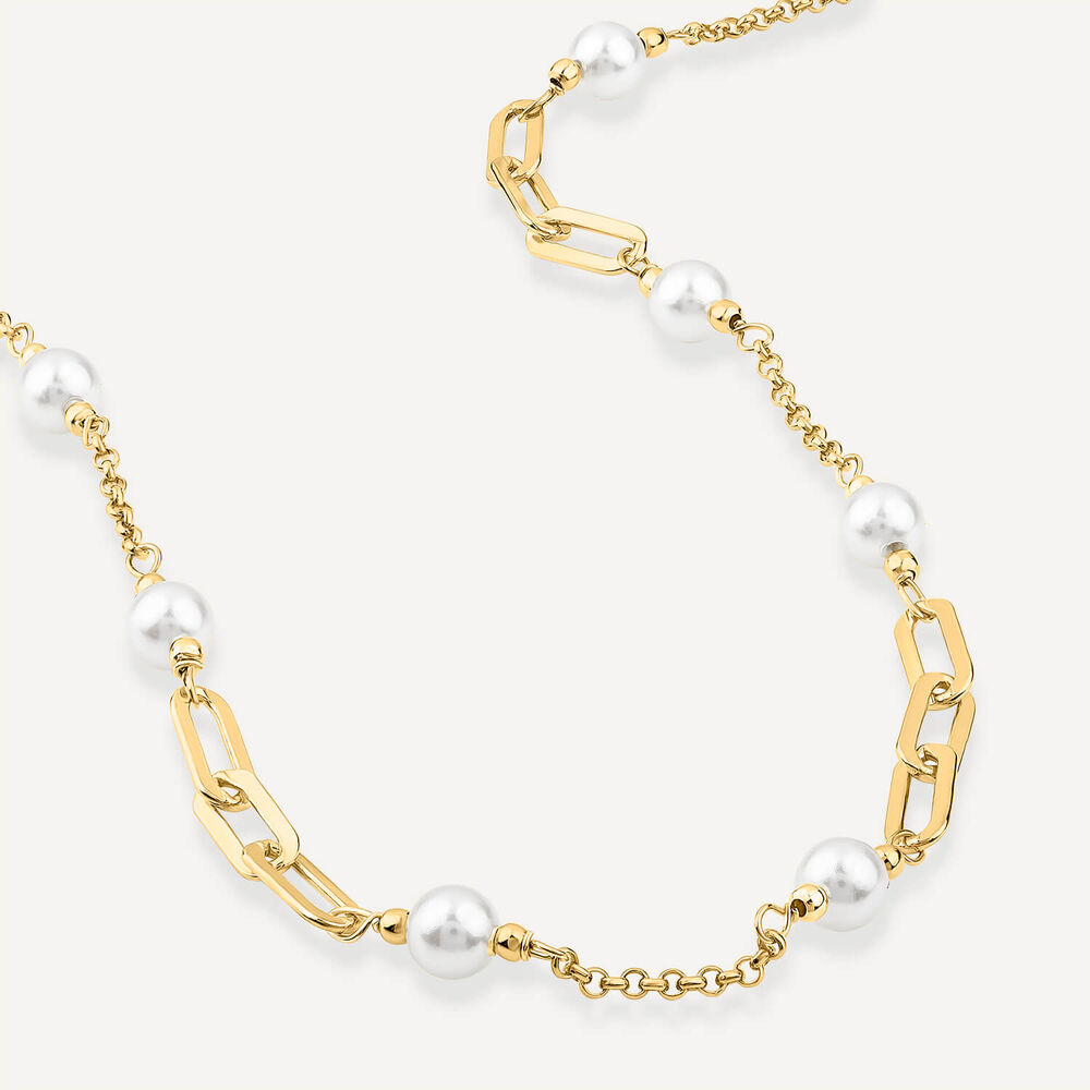Yellow Gold Plated Sterling Silver Stationed Pearls Paperlink Necklet image number 2