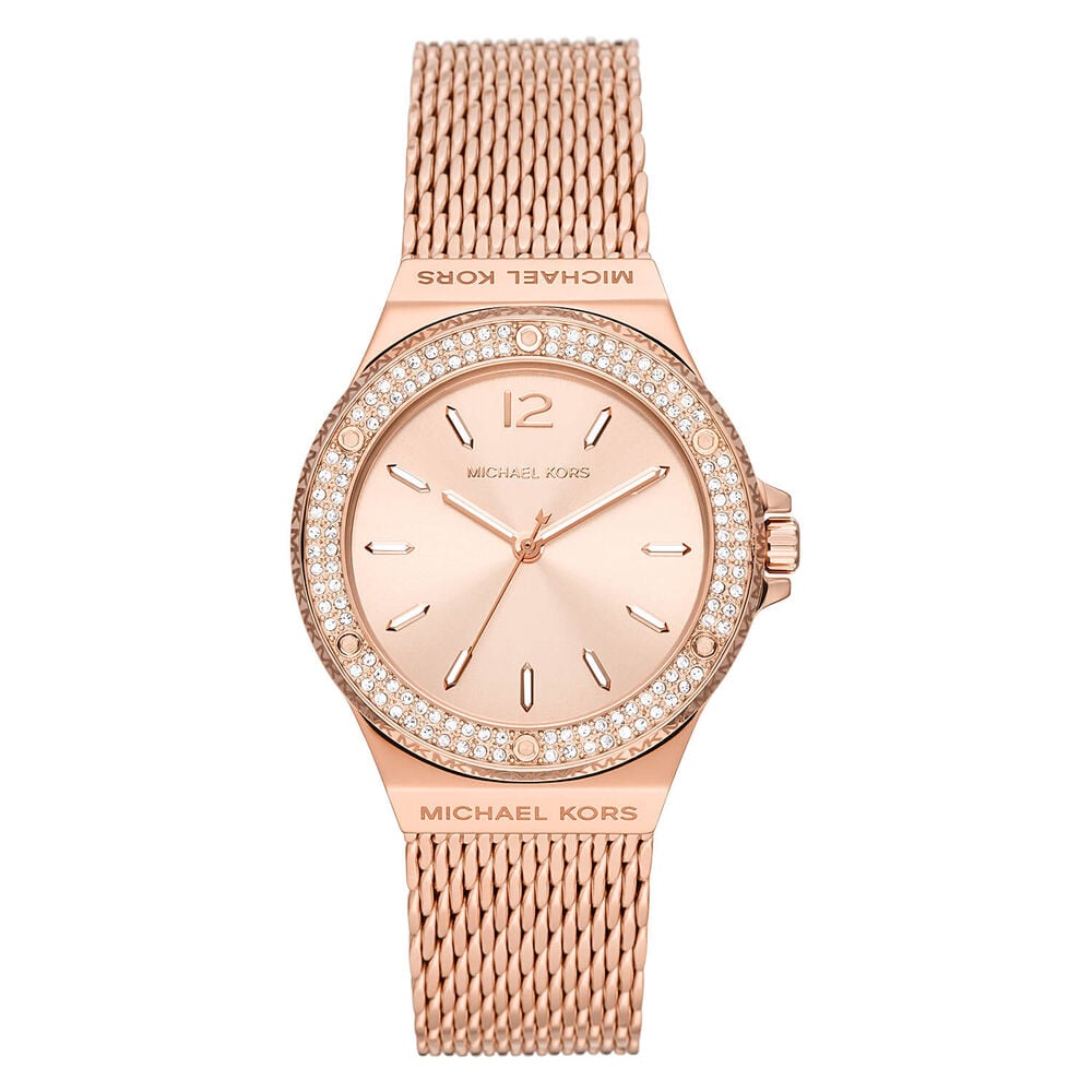 Michael Kors Lennox 37mm Rose Gold Dial Crystal Bezel Bracelet Watch
