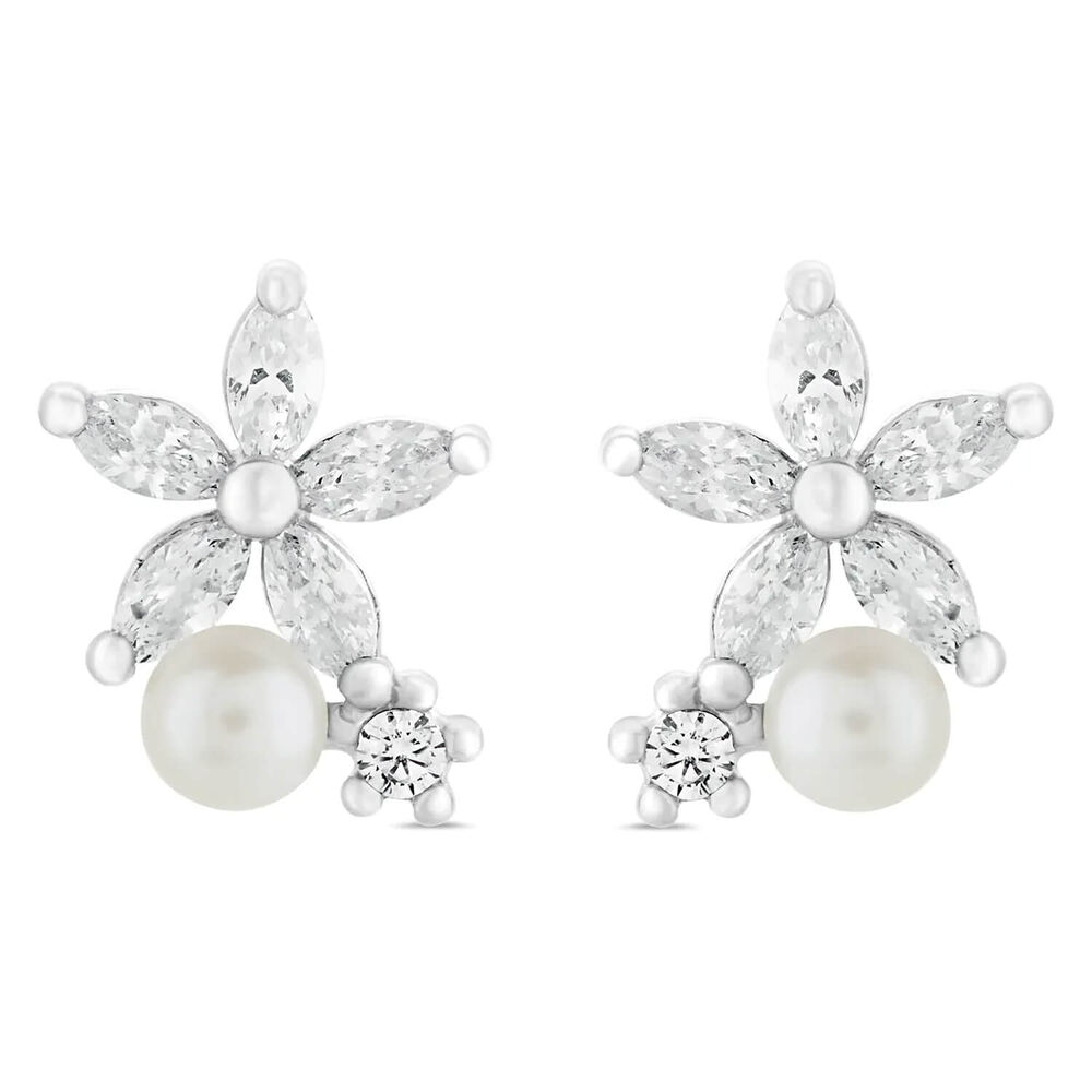 Sterling Silver Pearl and Cubic Zirconia Flower Earrings